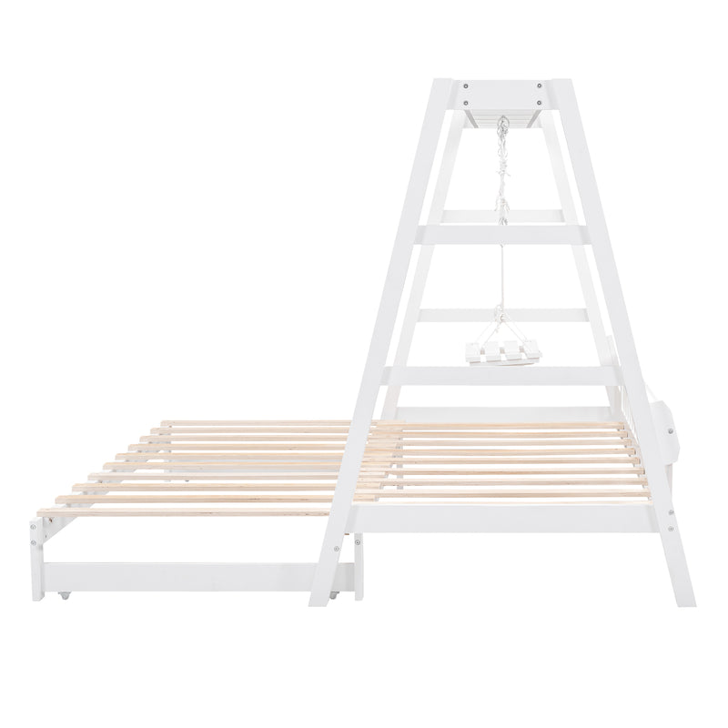 Extendable Twin Daybed with Swing and Ring Handles, White(Twin bed can be pulled out to be King)