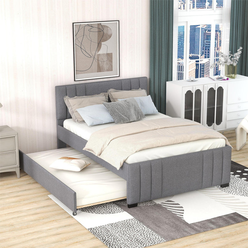 Full Upholstered Platform Bed with Trundle,Grey