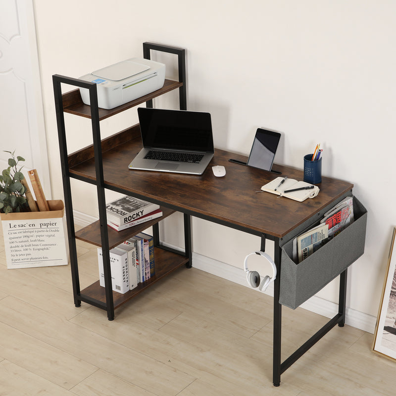 High-quality and multi-function, 47-inch H-shaped computer desk, with bookshelf, with fabric drawer, with earphone hook, easy to assemble