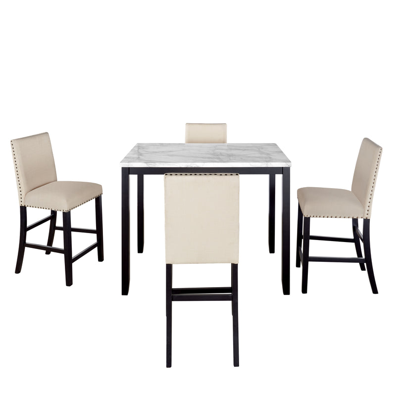 5 Piece Counter Height Faux Marble Modern Dining Set with Matching Chairs and Marble Veneer for Home, Beige