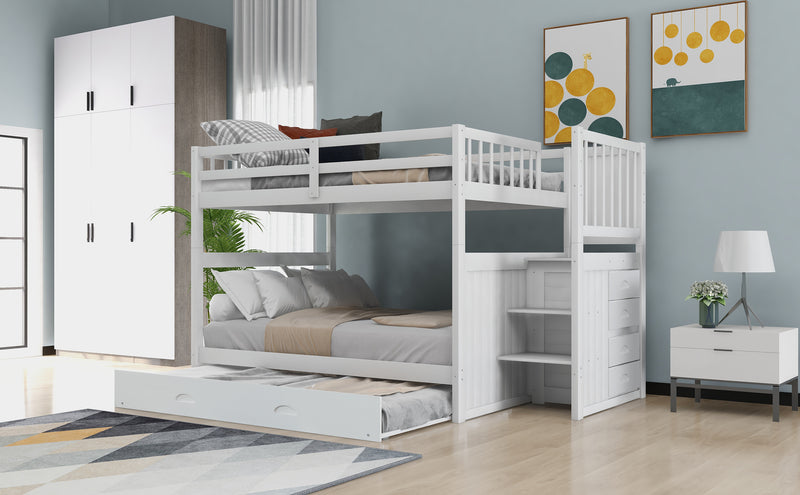 Full over Full Bunk Bed with Twin Size Trundle, White