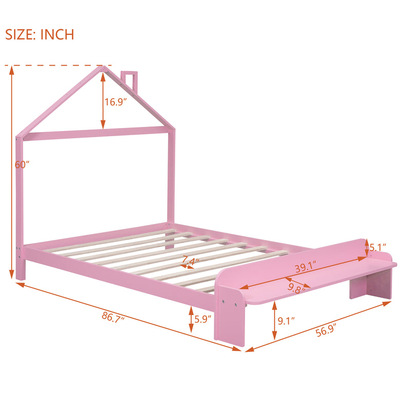 Full Size Wood Platform Bed with House-shaped Headboard and Footboard Bench,Pink