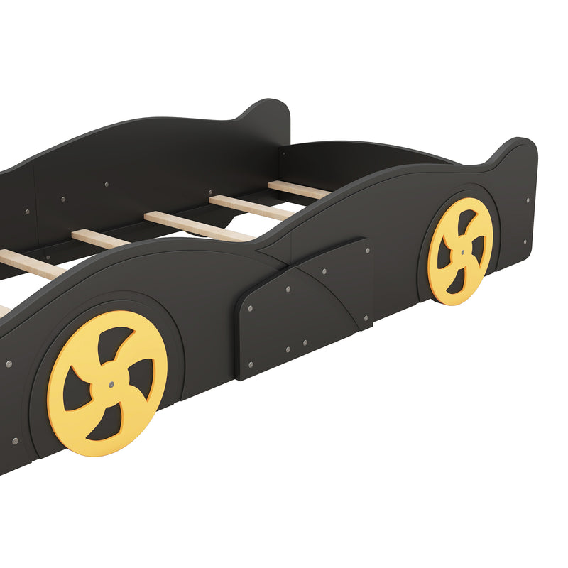 Twin Size Race Car-Shaped Platform Bed with Wheels and Storage, Black+Yellow