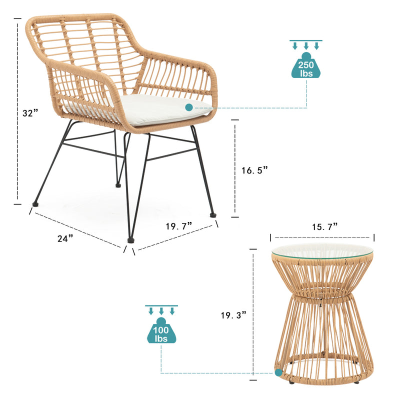 3 Piece Patio Set, Outdoor Wicker Chairs with Glass Top Table and Soft Cushion, Rattan Front Porch Furniture