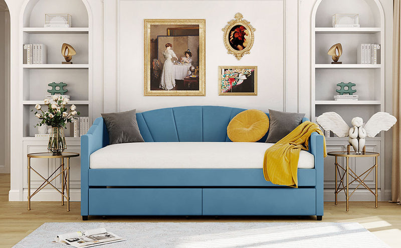 Upholstered daybed Twin Size with Two Drawers and Wood Slat Suppot ,Blue