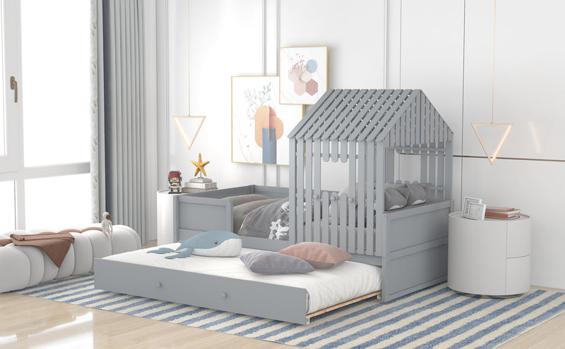 Twin Size House Low Loft Bed with Trundle,Gray