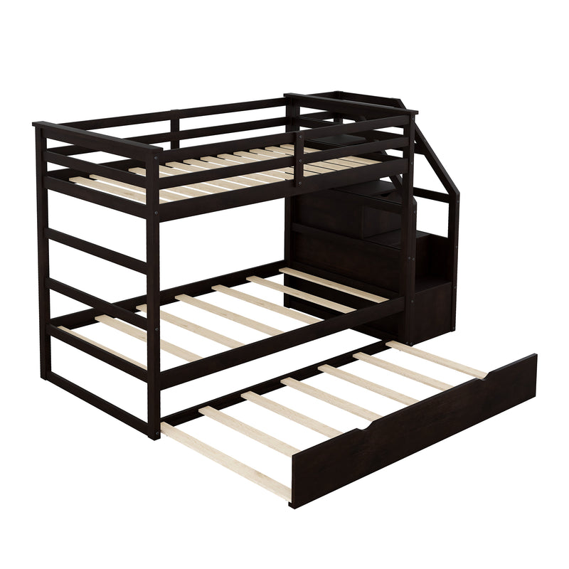 Twin-Over-Twin Bunk Bed with Twin Size Trundle and 3 Storage Stairs,Espresso