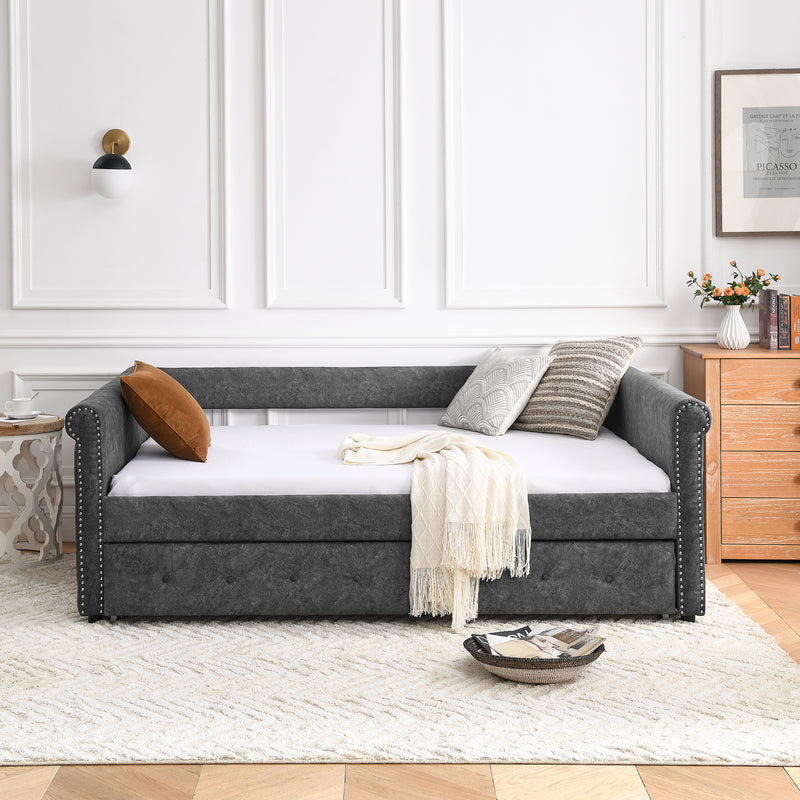 Daybed with Trundle Upholstered Tufted Sofa Bed, with Button and Copper Nail on Arms，Full Daybed & Twin Trundle, Grey（85.5“x57”x30.5“）