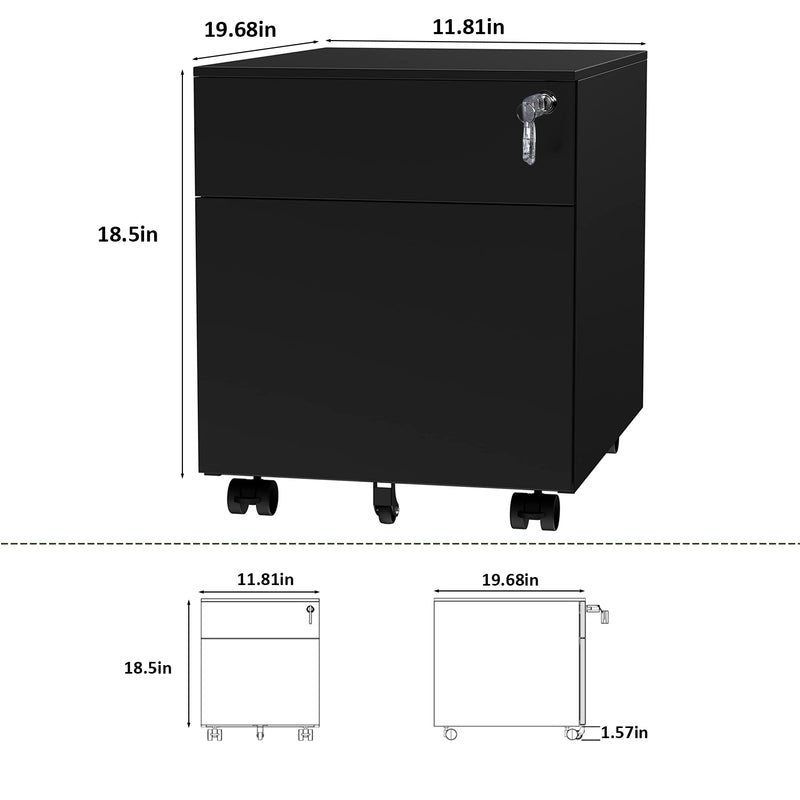 2 Drawer Mobile File Cabinet with Lock Metal Filing Cabinet for Legal/Letter/A4/F4 Size, Fully Assembled Include Wheels, Home/Office Design