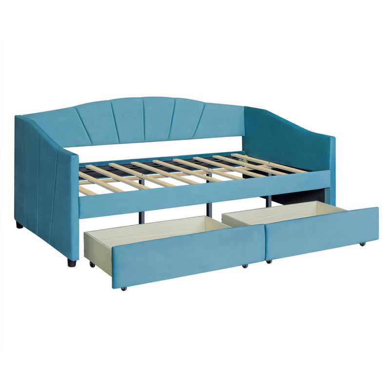 Upholstered daybed Twin Size with Two Drawers and Wood Slat Suppot ,Blue