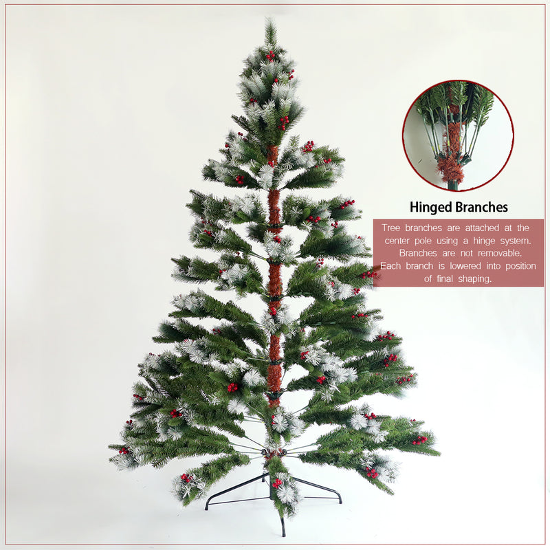 Artificial Christmas Tree Flocked Pine Needle Tree with Cones Red Berries 7.5 ft Foldable Stand