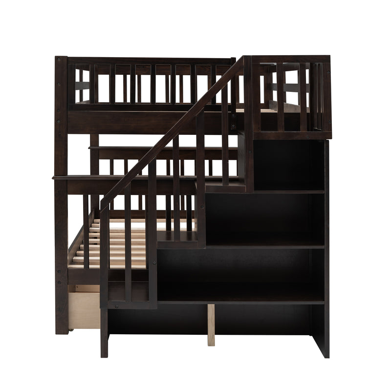 Stairway Full-Over-Full Bunk Bed with Drawer, Storage and Guard Rail for Bedroom, Espresso color