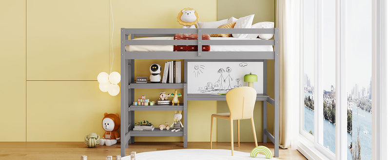 Twin Size Wooden Loft Bed with Shelves, Desk and Writing Board - Gray