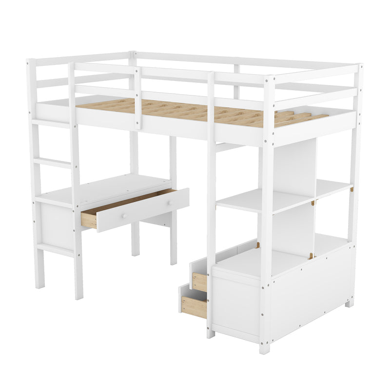 Twin  Size Loft Bed with Built-in Desk with Two Drawers, and Storage Shelves and Drawers,White