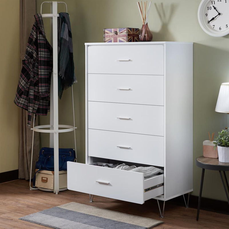 5 Drawers Chest Wood Cabinet with Metal Foots  in White