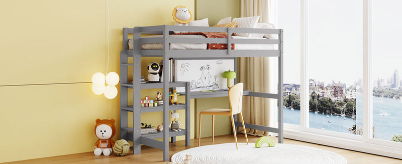 Twin Size Wooden Loft Bed with Shelves, Desk and Writing Board - Gray