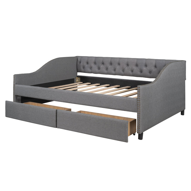 Upholstered daybed with Two Drawers, Wood Slat Support, Gray, Full Size