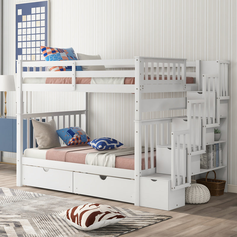 Full Over Full Bunk Bed with Shelves and 6 Storage Drawers, White