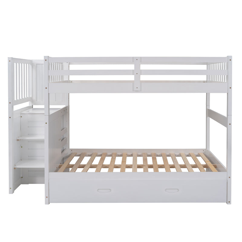 Full over Full Bunk Bed with Twin Size Trundle, White