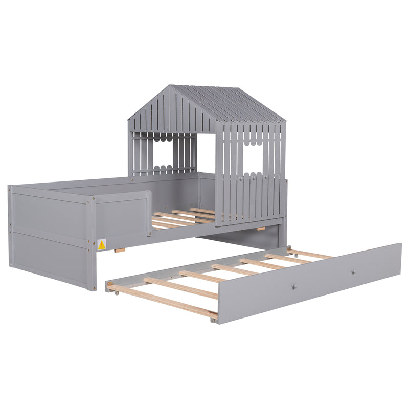 Twin Size House Low Loft Bed with Trundle,Gray