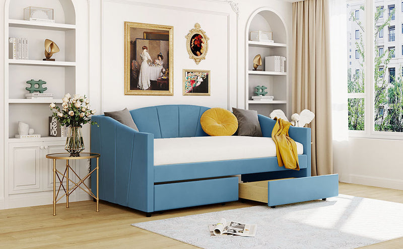 Upholstered daybed Twin Size with Two Drawers and Wood Slat Suppot ,Blue