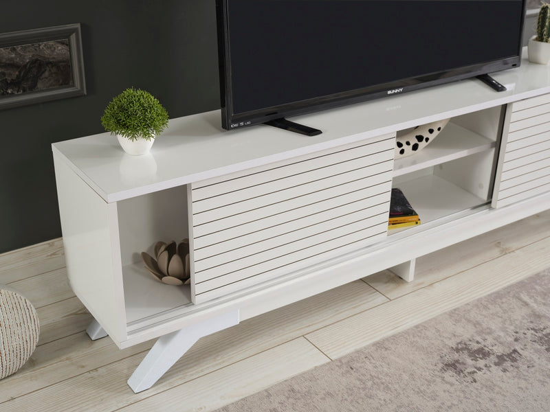 FurnisHome Store Luxia Mid Century Modern Tv Stand 2 Sliding Door Cabinet 2 Shelves 67 inch Tv Uni, White