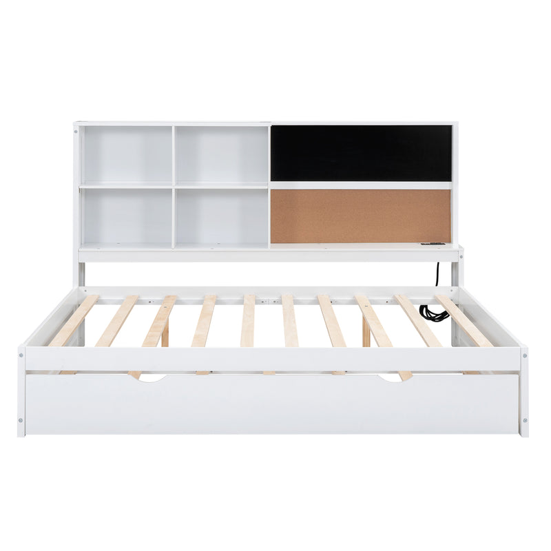 Full Size Daybed with Storage Shelves, Blackboard, Cork board, USB Ports and Twin Size Trundle, White