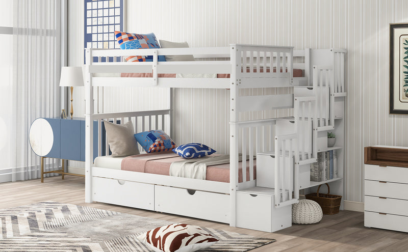 Full Over Full Bunk Bed with Shelves and 6 Storage Drawers, White