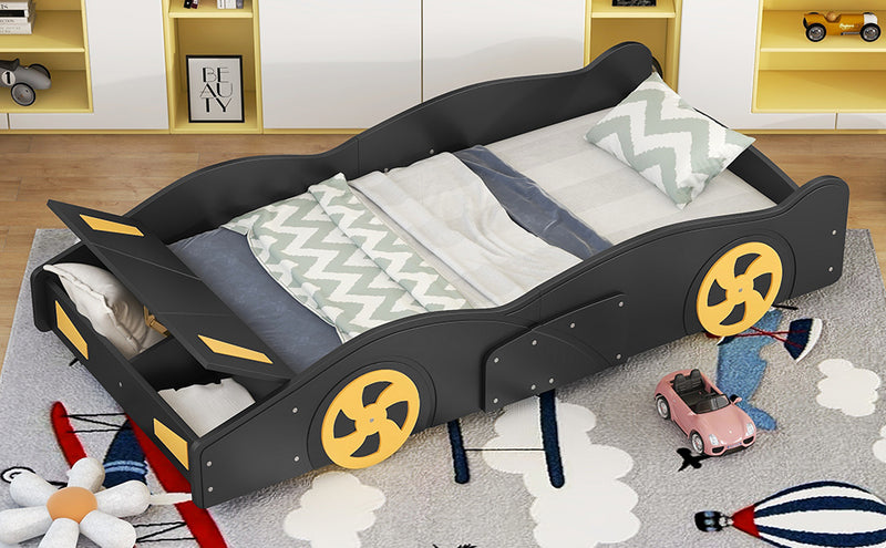 Twin Size Race Car-Shaped Platform Bed with Wheels and Storage, Black+Yellow