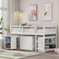 Low Study Twin Loft Bed with Cabinet and Rolling Portable Desk