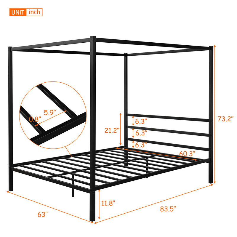 Queen Metal Framed Canopy Platform Bed with Built-In Headboard No Box Spring Needed Classic Design Black/White/Silver[US-Depot]