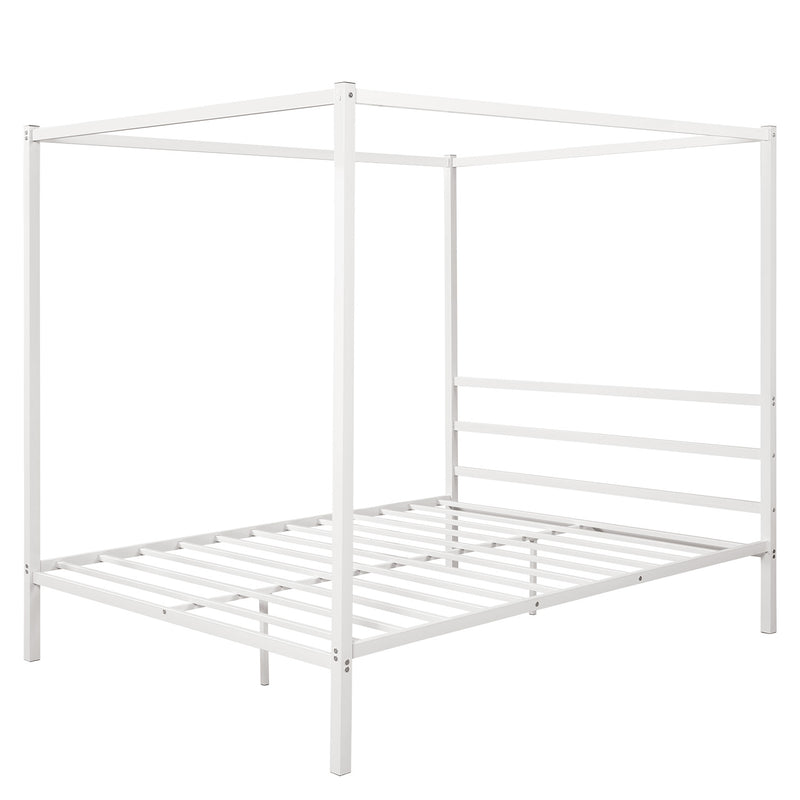 Queen Metal Framed Canopy Platform Bed with Built-In Headboard No Box Spring Needed Classic Design Black/White/Silver[US-Depot]