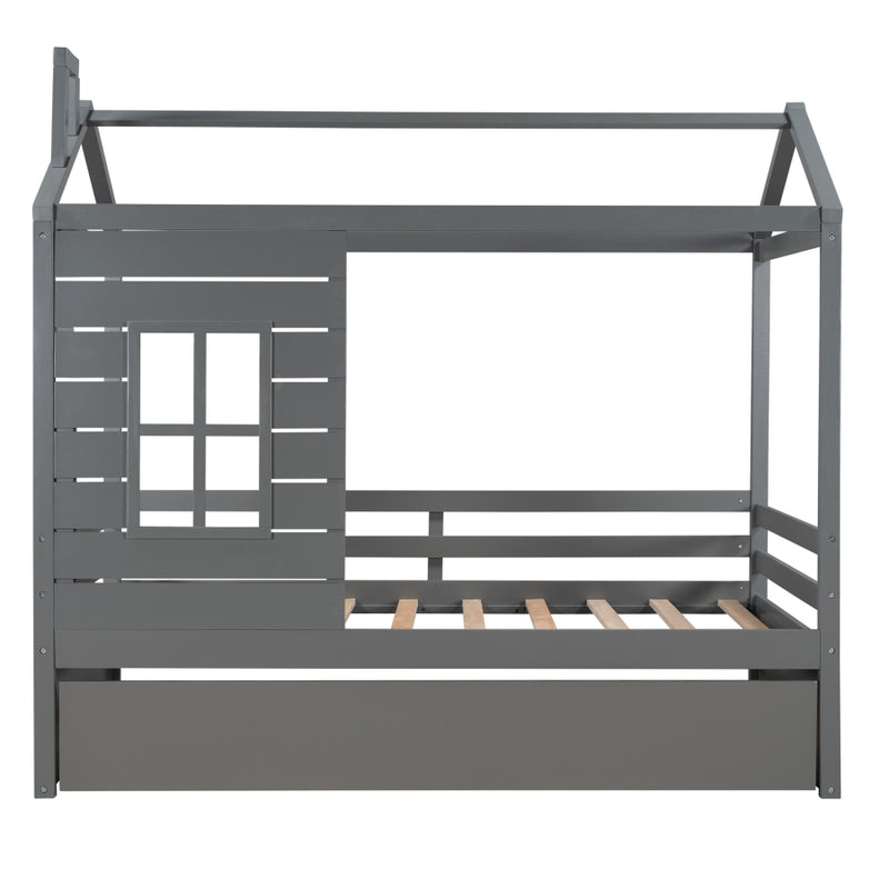 Twin Size House Bed Wood Bed with Twin Size Trundle ( Gray )