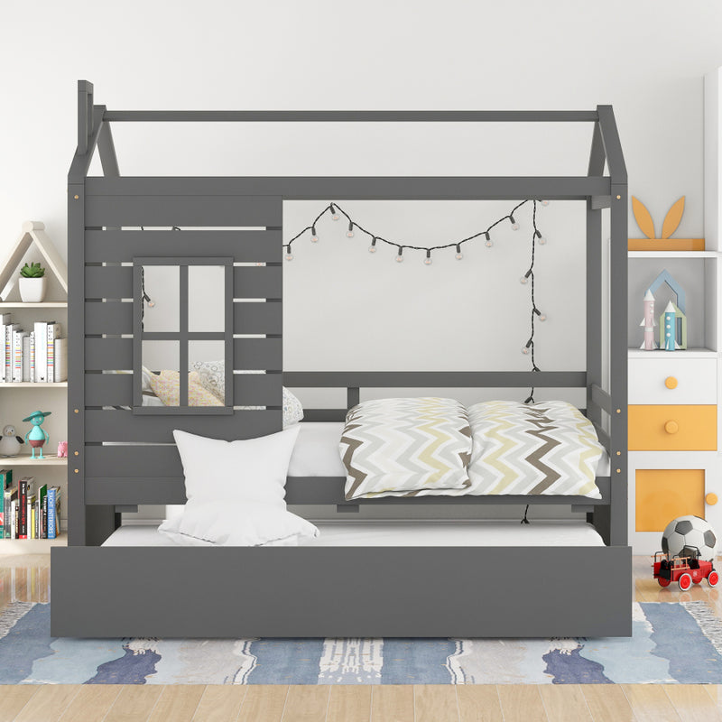 Twin Size House Bed Wood Bed with Twin Size Trundle ( Gray )