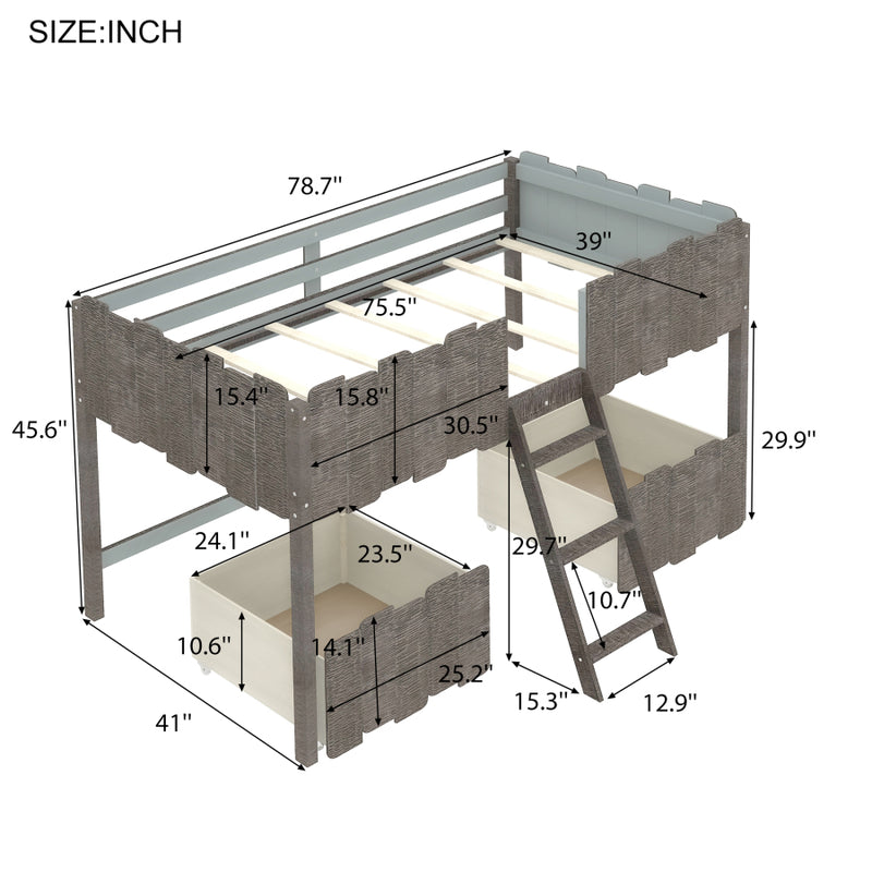 Twin Size Rustic Loft Bed with Two Drawers,Gray