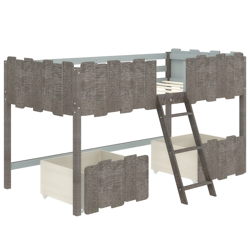 Twin Size Rustic Loft Bed with Two Drawers,Gray