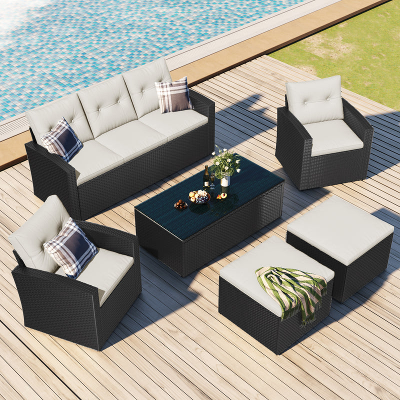 6-piece All-Weather Wicker PE rattan Patio Outdoor Dining Conversation Sectional Set with coffee table, wicker sofas, ottomans, removable cushions (Black wicker, Beige cushion)