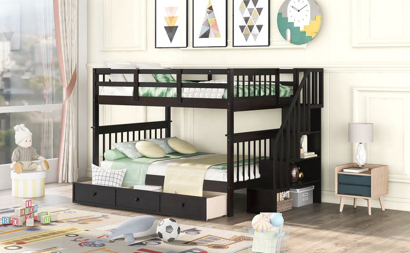 Stairway Full-Over-Full Bunk Bed with Drawer, Storage and Guard Rail for Bedroom, Espresso color