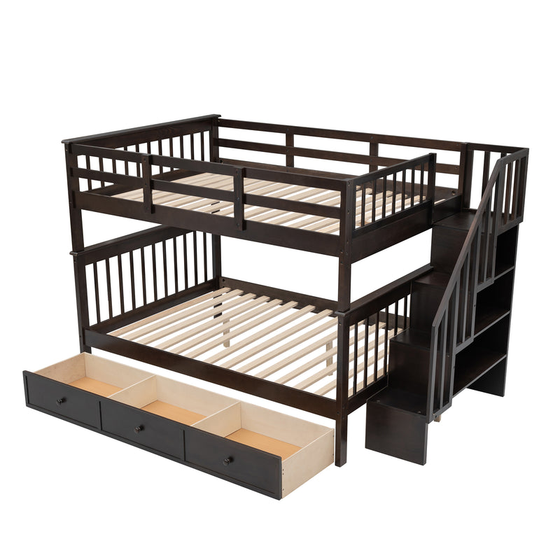 Stairway Full-Over-Full Bunk Bed with Drawer, Storage and Guard Rail for Bedroom, Espresso color