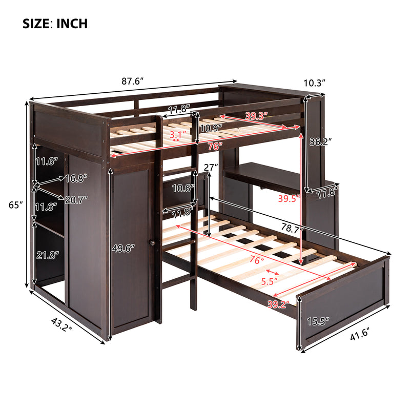 Twin size Loft Bed with a Stand-alone bed, Shelves,Desk,and Wardrobe-Espresso