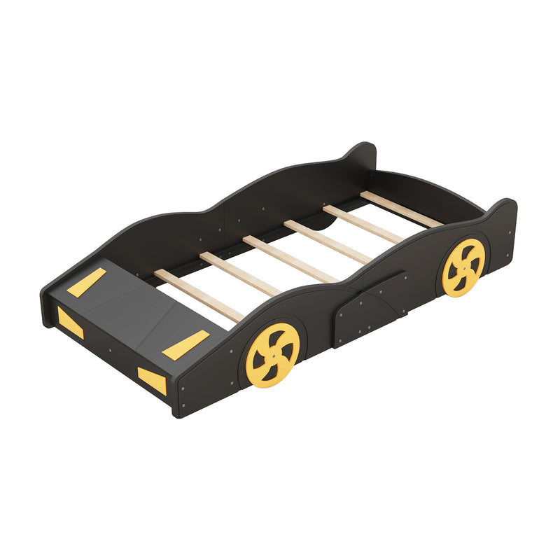 Twin Size Race Car-Shaped Platform Bed with Wheels and Storage, Black+Yellow