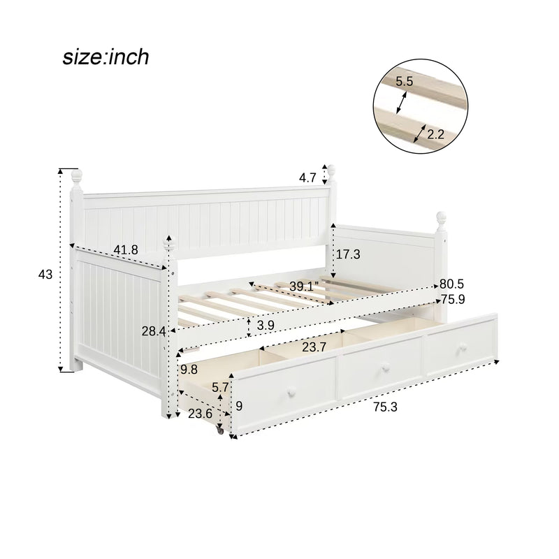 Wood Daybed with Three Drawers ,Twin Size Daybed,No Box Spring Needed ,White