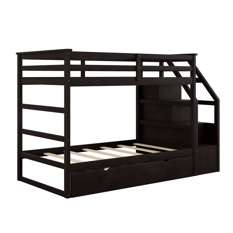 Twin-Over-Twin Bunk Bed with Twin Size Trundle and 3 Storage Stairs,Espresso