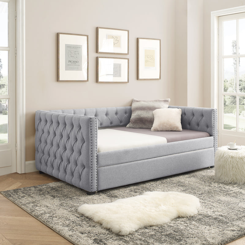 Daybed with Trundle Upholstered Tufted Sofa Bed, with Button and Copper Nail on Square Arms，Full Daybed & Twin Trundle, Grey（86“x57”x33.5“）