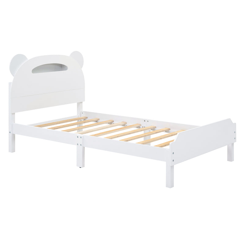 Twin Size Wood Platform Bed with Bear-shaped Headboard,Bed with Motion Activated Night Lights,White