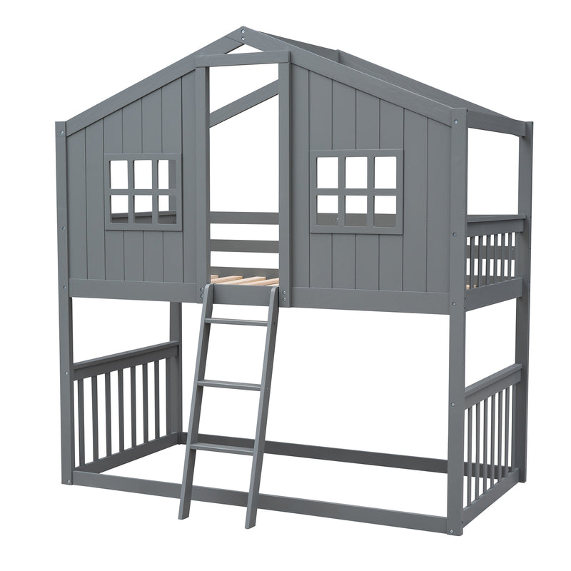 Twin Over Twin House Bunk Bed With Ladder, Wood Bed-Gray