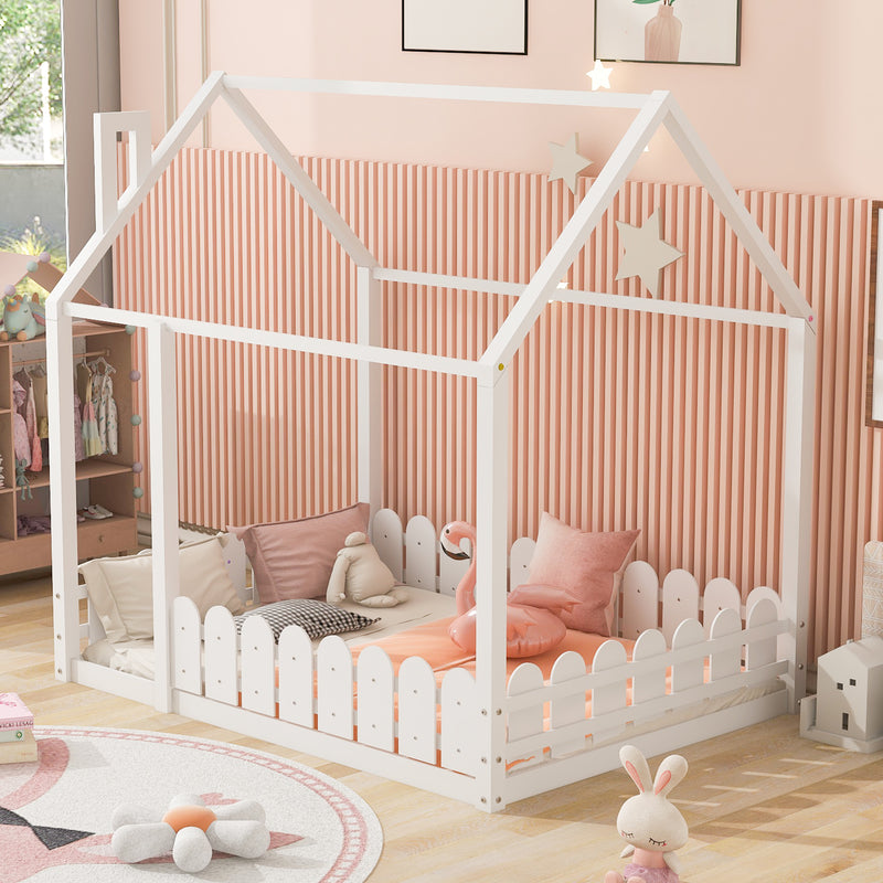 （Slats are not included) Full Size Wood Bed House Bed Frame with Fence, for Kids, Teens, Girls, Boys (White )