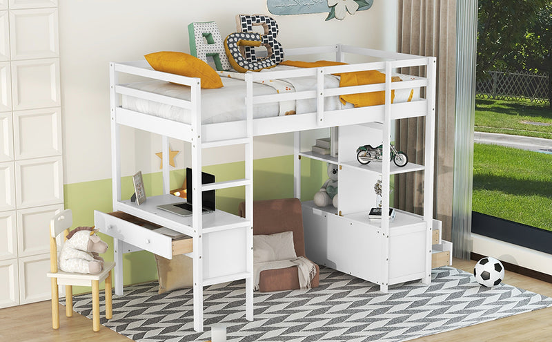 Twin  Size Loft Bed with Built-in Desk with Two Drawers, and Storage Shelves and Drawers,White