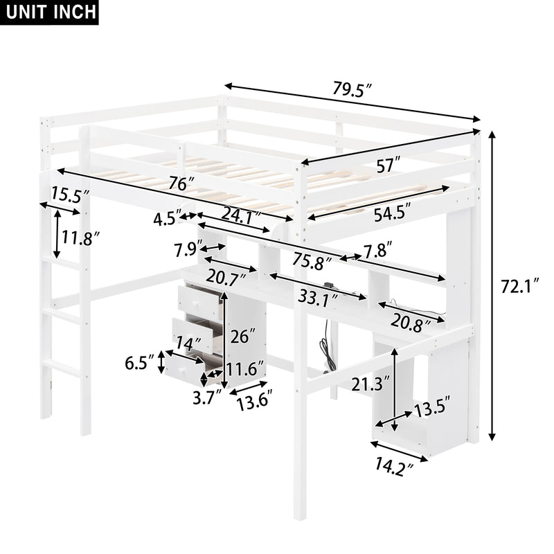 Full Size Loft Bed with Multi-storage Desk, LED light and Bedside Tray, Charging Station, White