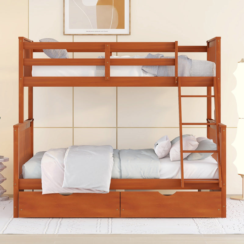 Twin-Over-Full Bunk Bed with Ladders and Two Storage Drawers (Walnut)